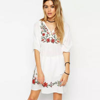 TEELYNN mini Boho dress for women white floral Embroidery cotton dresses Casual loose a-line dress Hippie dress Gypsy vestido