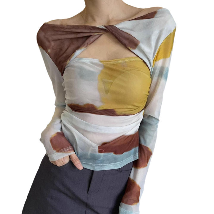 เสื้อเบลาส์พิมพ์ลายแอบสแตรกต์-เสื้อยืดสีสันตัดกันสำหรับผู้หญิงแฟชั่นแขนยาวเสื้อตาข่าย