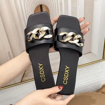 Women Metallic Chain Decor Flat Sandals, Fashion Gold Slide
