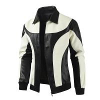 2023 Autumn and Winter New Mens Leather Jacket Lapel Splicing Color Collision Trend Motorcycle Jacket