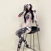 ชุดฮาโลวีนเด็ก ชุดแฟนซีผู้ใหญ Halloween Gwen female spider man cos as fashion white venom Gwen tights jumpsuits women hot