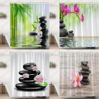 Black Stone Tower Zen Bath Curtain, สปาตกแต่งดอกบัว Broccoli Bamboo, อุปกรณ์ตกแต่งห้องน้ำผ้า 180 * 180 ซม