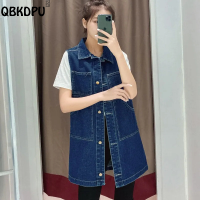 Plus Size 6XL Mid-Length Denim Vest Blue Chaleco Mujer 2022 New Sleeveless Jean Jacket Women Korean Fashion Lapel Long Waistcoat