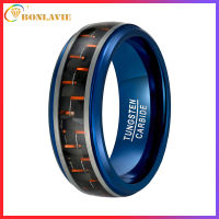 BONLAVIE 8mm Black and Red Carbon Fiber Tungsten Carbide Ring for Men Blue Plated Wedding Band Brushed Finish Size 7-12