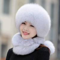 The extra length of womens winter hat with fox fur wrap around can be used as a scarf and hang on the back cover chain，Faux fur