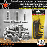 น็อตชุดสีดรีม น๊อตชุดสี ดรีมซุปเปอร์คัพ,DREAM SUPER CUP ตัวเก่า (ก้นหอยแบน) เลส สีเงิน (19ตัว) + ปะแจ6เหลี่ยมแบบพกพา 8 ตัว สำหรับติดตั้งน๊อตชุดสี