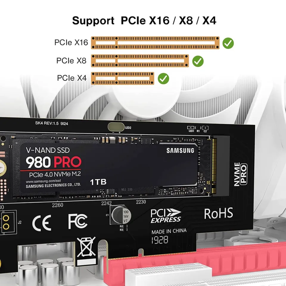 AMPCOM M.2 NVME SSD to PCIe 4.0 Adapter Card, 64Gbps SSD PCIe4.0 X4 Adapter  for Desktop PC, PCI-E GEN4 Full Speed