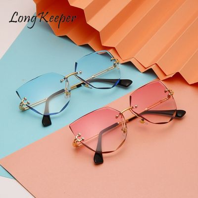 LongKeeper Rimless Sunglasses Women Brand Designer Retro Trendy Polygon Sun Glasses Vintage Eyewear Female Oversized Eyeglasses