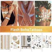 Flash Boho Metallic Gold Feathers Shimmering Waterproof Temporary Tattoo Beach Arm Body Ankle Makeup Art Women DIY Accessories