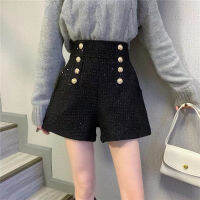 กางเกงขาสั้นขากว้างเอวสูงปิดซิปด้านหน้าปุ่มตกแต่ง Glitter Women Shorts with Pockets for Daily Party