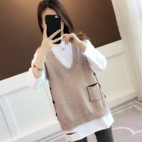 2022 Women Knitted Sweater Sleeveless Jumper Women Vest Ladies V-Neck Button Pocket Pullovers Teen Girls Waistcoat Pull Femme