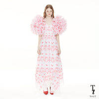 TandT - MOUCHOIR PRINTED RUFFLE FLOWER PETALS SLEEVE MAXI DRESS เดรสยาวทรงปล่อย ไม่เข้ารูป แขนสั้นพองตกแต่งรูดระบายดอกไม้ ตกแต่งลูกไม้ทอริบบิ้นโบว์ชายเดรส