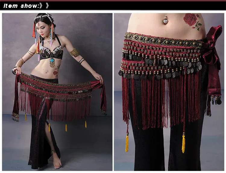 Pihu-1US New Belly Dance Hip Scarf Coin Belt Tribal Costume Fringe Tassel  Belt Copper Belly Dancing Waist Tribal Design Conins Beltd48-58