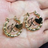 AurolaCo Custom Bamboo Hoop Earrings Personalize Name Earrings Bamboo Style Heart Shape Sexy Women Girl Jewelry Fashion Gift