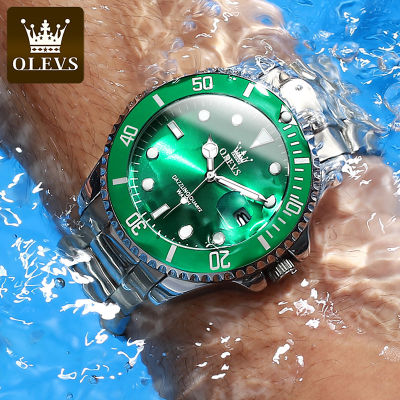 OLEVS Mens Quartz นาฬิกาแบรนด์หรูธุรกิจกันน้ำ Luminous Large Dial นาฬิกาข้อมือผู้ชายกีฬานาฬิกาสแตนเลส