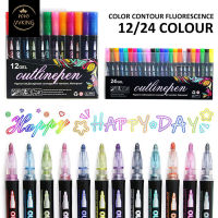 ปากกามาร์กเกอร์เรืองแสงเส้นคู่ปากกาสีเมทัลลิกเส้นคู่12สี/24สีสำหรับภาพวาดการ์ดทักทายอัลบั้มรูป DIY