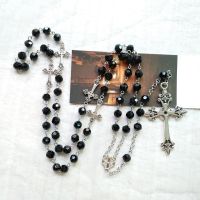 QIGO Black Crystal Rosary Necklace Long Cross Pendant For Men Women Religious Jewelry Fashion Chain Necklaces
