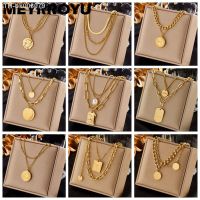 ❦❁ MEYRROYU 316L Stainless Steel Hip Hop PunkVintage Multilayer Coin Pendant Necklace For Women Double Layer Chain Necklace Jewelry