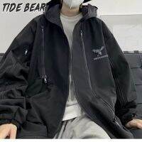 TIDE BEAR เสื้อแจ็คเก็ตกันลมมีฮู้ดสีดำสำหรับผู้ชายเสื้อแจ็คเก็ตกันลมมีฮู้ดกลางแจ้งดีไซน์แบบหลวมๆสำหรับฤดูใบไม้ผลิและฤดูใบไม้ร่วง