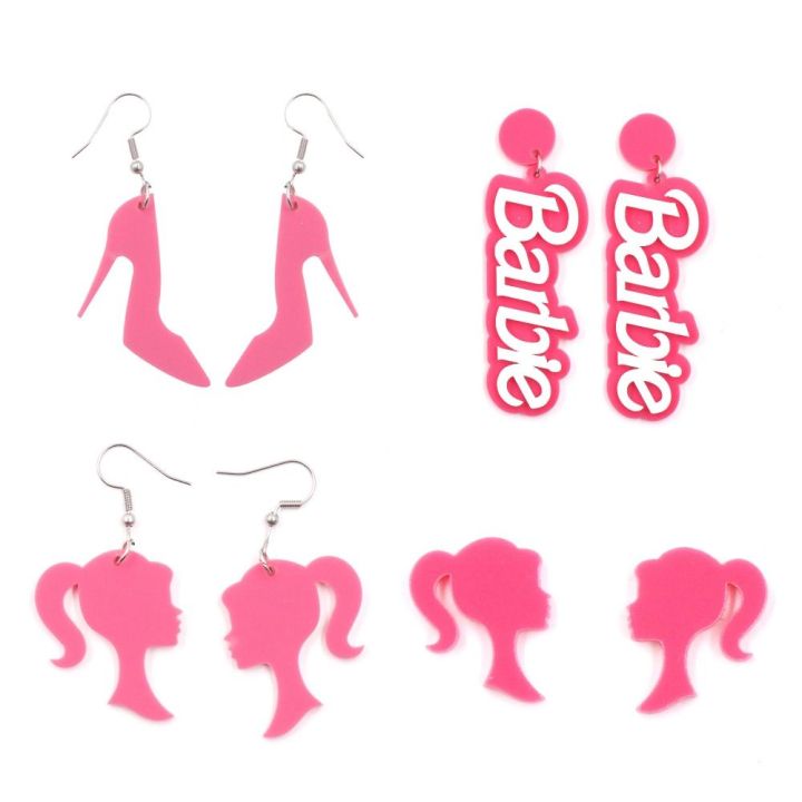 jamiet-ตุ๊กตาบาร์บี้ต่างหูสีชมพูตุ๊กตาบาร์บี้สีชมพูรองเท้าส้นสูงอะคริลิคแฟชั่นตัวอักษรสำหรับเด็กผู้หญิง