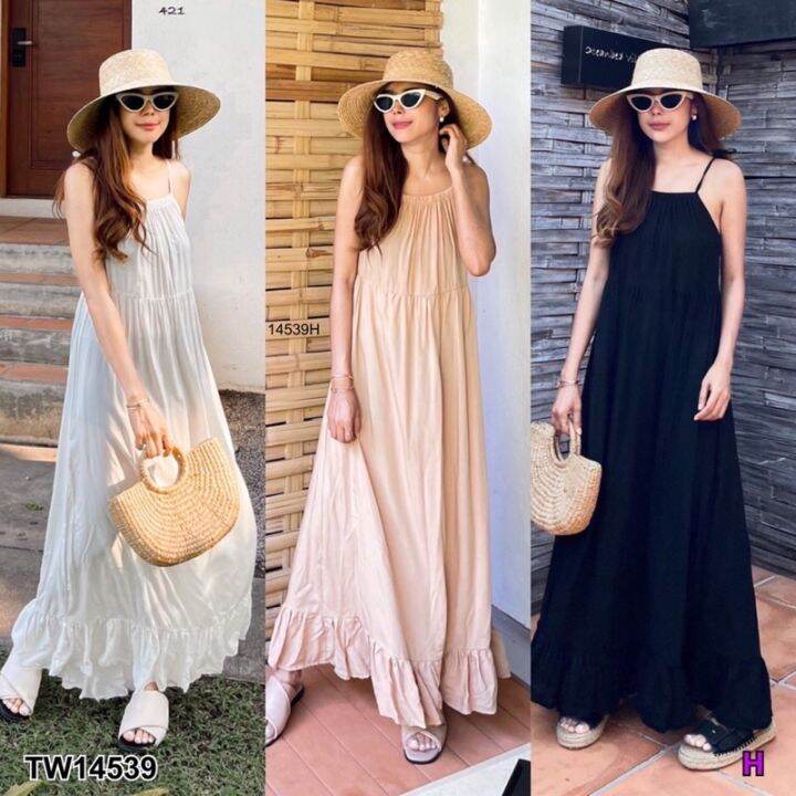 maxi-dress-เดรสยาวสายเดี่ยว-สายผูกปรับระดับเองได้-ช่วงอกดึงยางหน้าหลัง