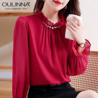 OULINNA เสื้อผู้หญิงเข้ารูปผ้าซาตินปะผ้าระบายขอบแขนยาวใหม่สำหรับฤดูใบไม้ร่วง2023