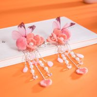 【CW】 Imitation Flannelette Peach Hairpin Fairy Tassel Silk Yarn Butterfly Edge Clip Girl Chinese Style Hanfu Headdress