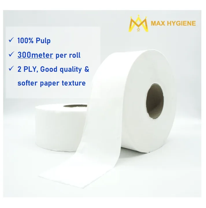 2 PLY Jumbo Roll Tissue Paper 100 Pulp / 300 meter per roll (1Ctn x 12 Rolls) / Premium Quality