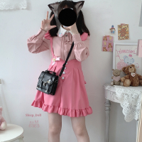 2022 Lolita Cute Heart Black Skirt Girls Vintage Removable Strap High Waist Pink Ruffle Skirt Suspender Women Overalls Jupe