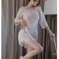 【jw】☊  lingerie women black white Apparel costumes lace leakage shoulder transparent nightgown underwear