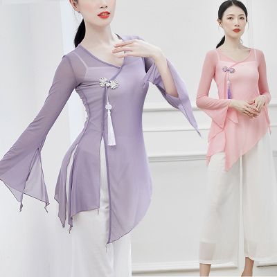 ✌❉▲ Classical Dance Body Rhyme Gauze Practice Clothes Womens Irregular Elegant Tassels Show Costumes Ethnic Dance Tops Women