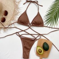 Women Swimsuit Small Cup Bandage Coffee Color Two Piece Bikini Swimwear