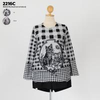 2216C เสื้อยืดผ้าไหมพรมเเขนยาวลายแมวคู่