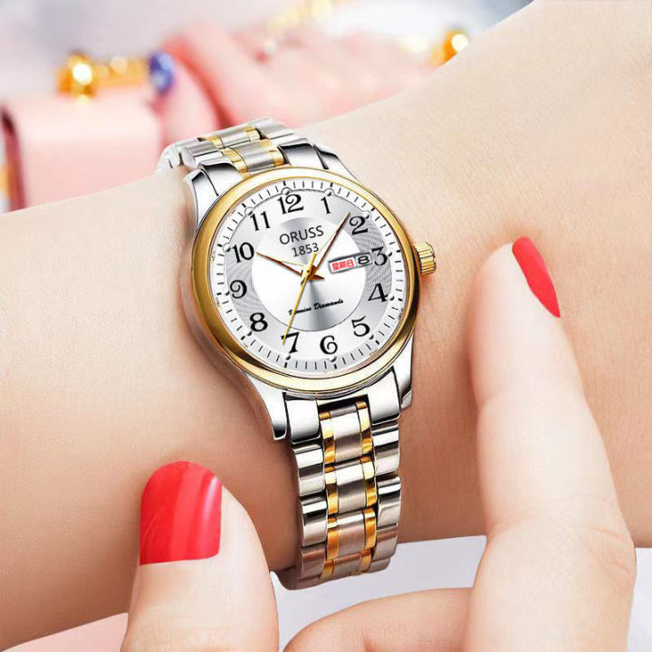 oruss-ของแท้กันน้ำสุภาพสตรีนาฬิกาควอตซ์ต้นฉบับการออกแบบแฟชั่นใหม่สไตล์เกาหลีเหล็กนาฬิกาสำหรับสาวผู้หญิงปฏิทินแบบ-dial-สบายๆสร้อยข้อมือของขวัญนาฬิกาข้อมือแยม-tangan-wanita