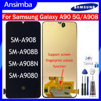 Ansimba OLED สำหรับ Samsung Galaxy A90 5G อะไหล่ชิ้นส่วนจอสัมผัสแอลซีดีของเครื่องแปลงดิจิทัล A908B 100% ทดสอบด้วยลายนิ้วมือ