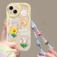 เคสนิ่มแบบใสสายคล้องสายคล้องโทรศัพท์ลายดอกไม้กระต่าย3D เกาหลีสำหรับ Iphone 11 14 Pro Max 12 13 Pro Max