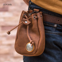 Vintage Genuine Leather Soft Waist Bag Cowhide Waist Belt Pack Coin Purse Money Pocket Card Holder Drawstring Storage Wallet