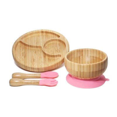 Baby Feeding Bowl Baby Dinner Plate Wooden Kids Feeding Dinnerware With Silicone Suction Cup Wooden Fork Spoon Childrens Dishes