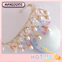 MAXG หมวก รัดเกล้า Rhinestone วันเกิด Tiaras สำหรับเด็กผู้หญิง ที่คาดผมไข่มุก มงกุฏเจ้าหญิง ผีเสื้อ