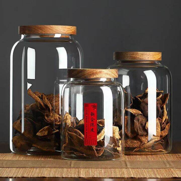 Glass tea jar, wooden lid, orange peel sealed jar, transparent large
