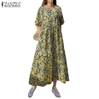 ▨ ZANZEA Women Elastic Cuff Printed Vintage Half Puff Sleeve Casual Tiered Maxi Dress