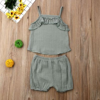 ❀DEM☞Toddler Baby Girls Summer Clothes Ruffle Cotton linen Sling Set Outfits