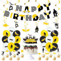 SURSURPIRSE Skateboard Theme Black White Yellow Latex Balloon Hanging Swirl Cupcake Topper for Men Boys Birthday Party Supplies