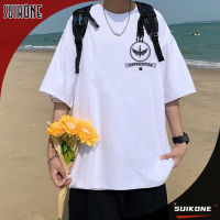 Suikone เสื้อยืดแขนสั้นผู้ชาย,เสื้อยืดพิมพ์ลายคอกลมกลับแขนสั้นแบบหลวมคลาสสิกหล่อ