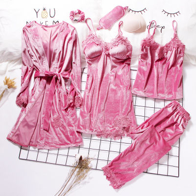 Gold Velvet Robe &amp; Gown Sets 3-6 Pieces Warm Winter Pajamas Sets Women Sexy Lace Robe Pajamas Sleepwear Nightwear Homewear