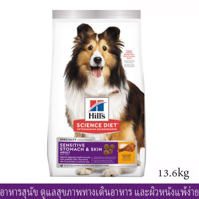 (13.6kg) อาหารสุนัข Hill สูตรทางเดินอาหารบอบบาง แพ้ง่าย และบำรุงขน อายุ1-6ปี สูตรไก่ 13.6กก.  Hills Science Diet Sensitive Stomach &amp; Skin Chicken Recipe Adult Dog Food 13.6Kg. (1bag)
