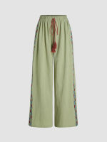 Cider Linen-blend Tassel Side Striped Wide Leg Trousers