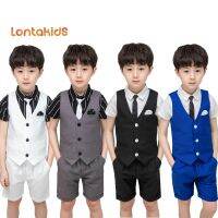 lontakids 4PCs ชายอย่างเป็นทางการเสื้อยืดเสื้อกั๊กกางเกงงานแต่งงานชุดวันเกิดชุดสุภาพบุรุษสุภาพบุรุษเสื้อผ้าเด็กแฟชั่น Theme party Dress-up ชุด