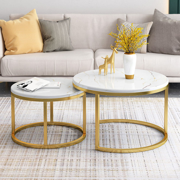 dhomefurniture-โต๊ะกลาง-โต๊ะลายหินอ่อน-coffee-table-โต๊ะข้างโซฟา-โต๊ะกลมกาแฟ-โต๊ะกาแฟ-สไลต์นอร์ดิก-โต๊ะกลมสองชั้น-แยกออกจากกันได้-ลายหินอ่อน