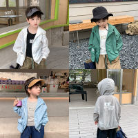 Childrens 2023 Summer solid color storage sun protection clothing boys and girls baby letters wind shield hooded air conditioning clothes coat